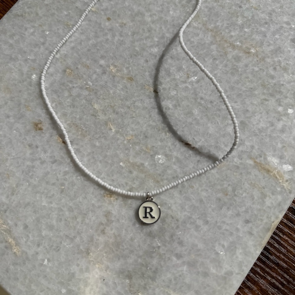 White Beaded Initial Necklace “R” | Minimalist Letter Charm - Picture 3 of 4